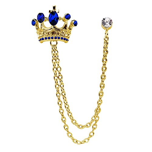 Crystal Crown Hanging Chain Brooch Suit Pin,Vintage Gold Crown Brooch,Suit Stud,Shirt Studs,Lapel Pin Accessories for Men Women - color: Gold Ink blue