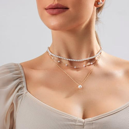Zeffy Gold Pearl Necklace for Women, Dainty 14K Gold/Silve Plated Layered Pearl Choker Pearl Earrings Pearl Bracelets Wedding Trendy Gold Jewelry Set for Women Gifts - style: Gold Pearl Necklace-3PCS