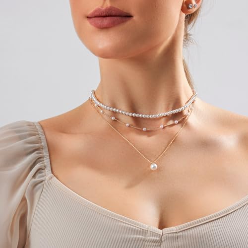Zeffy Gold Pearl Necklace for Women, Dainty 14K Gold/Silve Plated Layered Pearl Choker Pearl Earrings Pearl Bracelets Wedding Trendy Gold Jewelry Set for Women Gifts - style: Gold Pearl Necklace-3PCS