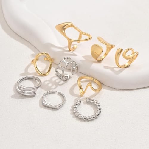 FUTIMELY 9Pcs Chunky Knuckle Ring Set,Vintage Two Tone Dainty Geometric Stackable Midi Rings Set,Charming Hollow Personalized Open Joint Rings for Women