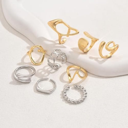 FUTIMELY 9Pcs Chunky Knuckle Ring Set,Vintage Two Tone Dainty Geometric Stackable Midi Rings Set,Charming Hollow Personalized Open Joint Rings for Women