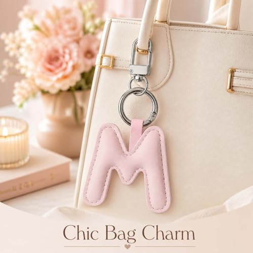 Initial Letter Keychain,Stainless Steel,Colorful Faux Leather Keyring for Backpack,Purse,Car Keys,Gift for Men Women - color: M