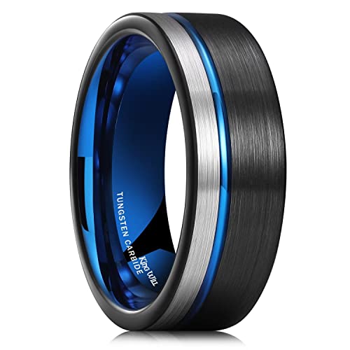 King Will Mens Tungsten Carbide Wedding Band with Groove Design | 6/7/8mm Width, Grooved, Comfort Fit, Everyday Wear - color: Blue&Black-8mm