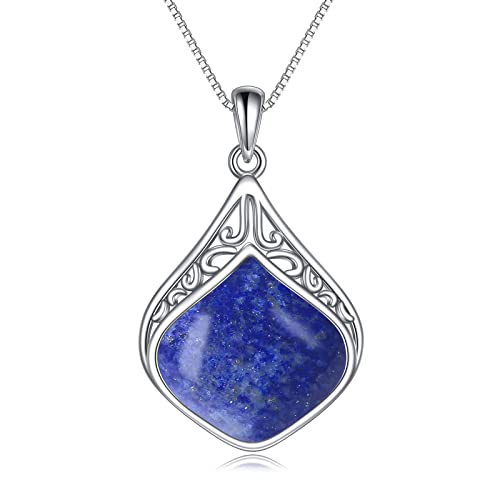 YAFEINI Teardrop Necklace Sterling Silver Filigree Irish Pendant Necklace Natural Stone Moonstone/Lapis Lazuli/Larimar/Moss Agate Necklace Jewelry - color: Lapis Lazuli teardrop necklace