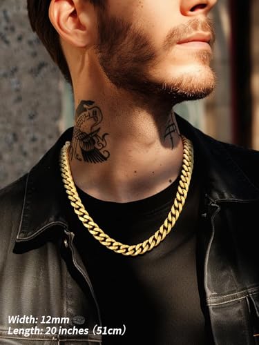 FindChic Men Curb Chain Necklace 18K Gold Plated/Stainless Steel/Black Chunky Double Tight Cuban Link Hip Hop Neck Chains for Men Boys 3.5MM/5MM/6MM/7MM/9MM/12MM 14''-30'' 8 Length Options (Send Gift Box) - color: F.12mm Width-Gold, size: 18 inches