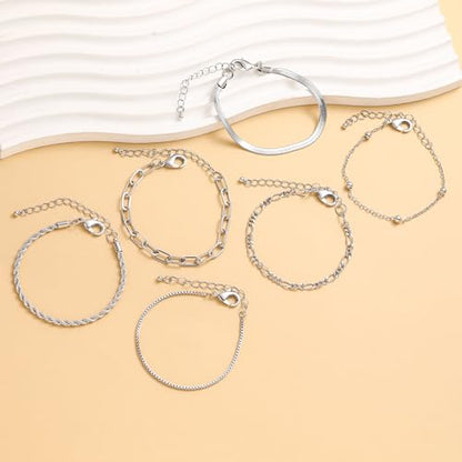 Wgoud Waterproof Gold Bracelets for Women Trendy, Dainty 14K Real Gold Plated Fashion Stackable Bracelet Sets for Women Thin Cuban Link Paperclip Chain Bracelets Layered Gold Jewelry Sets Gifts for Womens - color: 6Pcs Silver Bracelet