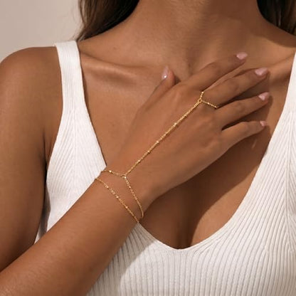 Bracelets for Women, Dainty Gold Silver Ring Bracelet Hand Chain | Cubic Zirconia Pearl Charms, 14K Gold Plated, Adjustable Fit, Trendy Stackable Link Chain, Waterproof Jewelry, Gift for Her - color: Gold-dot hand chain bracelet-2 pieces