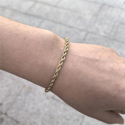 kelistom 18K Gold Silver Tone Rope Link Chain Bracelet for Women Men, 3mm 4mm Braided Rope Chain Bracelets, 7” 7.5” 8.3”, - size: 7.5", style: 3mm-gold