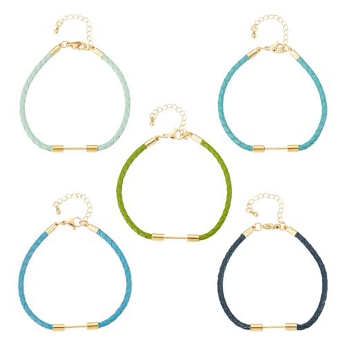 5Pcs Round Braided Imitation Leather Cord Bracelet Making, Blue Cyan Adjustable Braided Rope Bracelet Faux Leather Wristbands Cords with Beadable Bar for DIY Craft Jewelry Making
