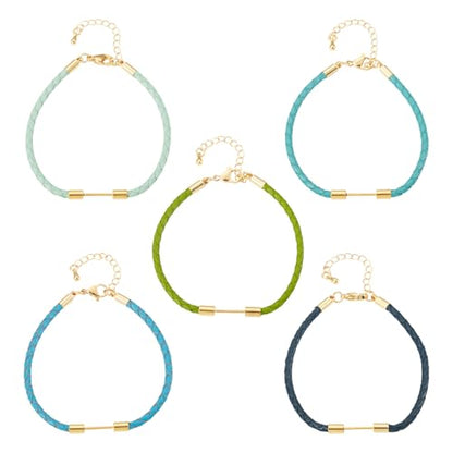 5Pcs Round Braided Imitation Leather Cord Bracelet Making, Blue Cyan Adjustable Braided Rope Bracelet Faux Leather Wristbands Cords with Beadable Bar for DIY Craft Jewelry Making