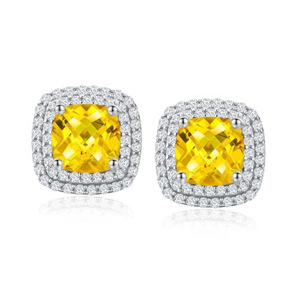 Dainty Birthstone Earrings for Women Sterling Silver Small Stud Earrings with Halo Cushion/Round Created Gemstone Earrings Birthstone Jewelry - style: A 11. Nov./created citrine-cushion cut
