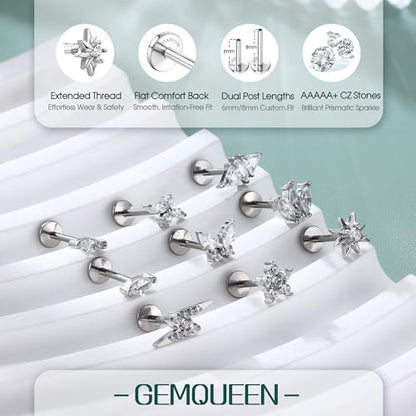 3 Pcs G23 Implant Grade Titanium Flat Back Earrings for Women Men | Hypoallergenic Internally Threaded 5A CZ Gold Flatback Stud, Tragus, Cartilage, Conch Piercing Jewelry for Sensitive Ears 18G - color: Silver 1