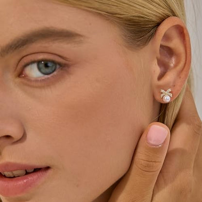 Plenky Pearl Earrings-14K Gold Plated Dainty Pearl Drop Simple Wedding CZ Dangle Dangling Cute Stud Earrings for Brides Earrings for Women Gifts - style: CZ Bow Pearl Earrings