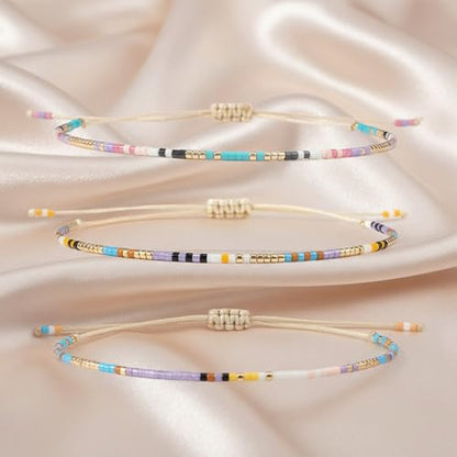 Seed Beaded String Rope Adjustable Bracelets Set for Women Men, Small Colorful Boho Rice 3Pcs Stack Handmade Thin Jewelry, Daily Beach Vacation Friendship Gift - color: Purple Yellow E