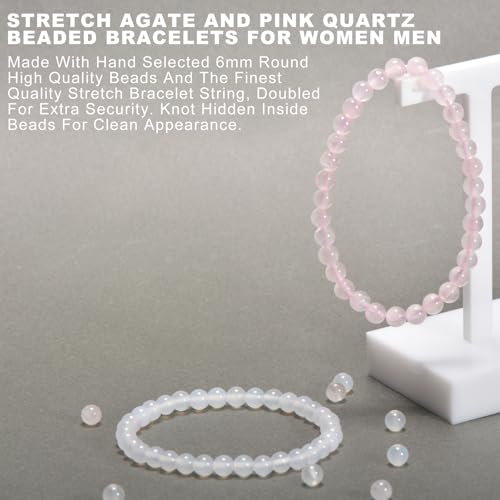 2PCS Agate Bracelet for Women Men Natural Round Beaded Agates Stone Healing Stretch Bracelets Elastic Handmade Polished Gemstone Beads Bracelet - color: White+Pink Quartz, size: 6mm Beads