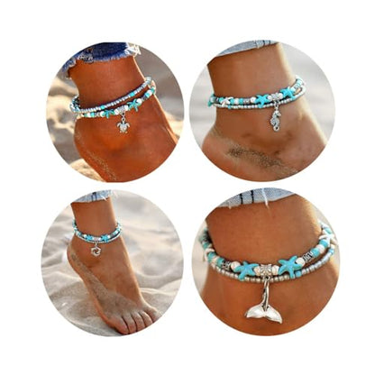 Starain Blue Turtle Anklets for Women Multilayer Beads Handmade Beach Ankle Bracelet Set Boho Foot Jewelry - color: 4Pcs Anklet Set