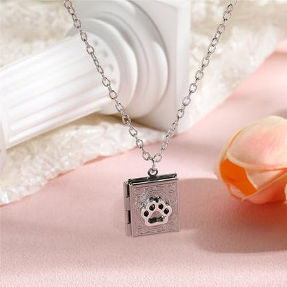 Photo Book Locket Necklace for Women Charm Choker Pendants that Holds Pictures Memorial Jewelry - color: Dog Paw Pattern