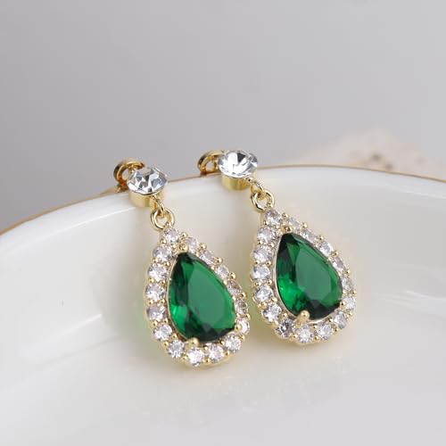 Sonateomber Gold Silver Small Hoop Dangle Earrings for Women, Trendy Dainty Rhinestone CZ Dangling Prom Wedding Leaf Flower Snowflake Butterfly Starfish Fashion Jewelry Gift - color: Green Tear