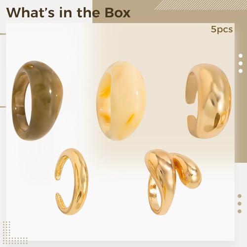 5 Pcs Gold Rings Set for Women, Pale Gold Metal and Resin Rings, Chunky Stackable Styles, Hug Ring Design, for Party and Daily Wearing