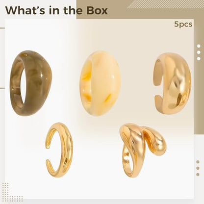 5 Pcs Gold Rings Set for Women, Pale Gold Metal and Resin Rings, Chunky Stackable Styles, Hug Ring Design, for Party and Daily Wearing