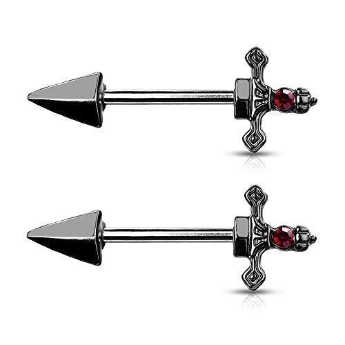 Pierced Owl - 14GA 316L Stainless Steel Red Gem Set Dagger Nipple Barbells, Sold as A Pair - style: Black
