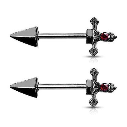 Pierced Owl - 14GA 316L Stainless Steel Red Gem Set Dagger Nipple Barbells, Sold as A Pair - style: Black
