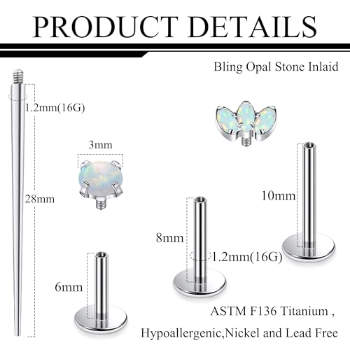 Titanium Flat Back Lip Rings Internally Threaded Earrings Studs Nose Rings 16G Opal CZ Tragus Cartilage Lobe Rook Helix Conch Labret Medusa Piercing Jewelry for Women Men W Piercing Taper Set - style: Three Opal