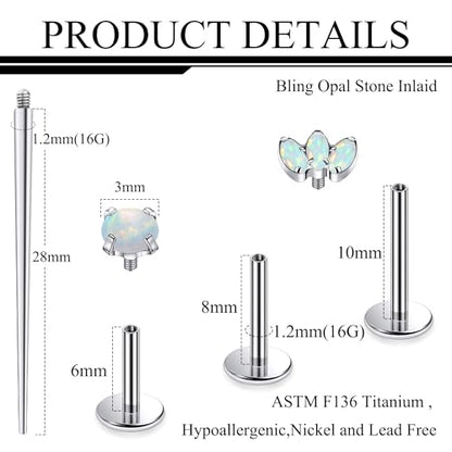 Titanium Flat Back Lip Rings Internally Threaded Earrings Studs Nose Rings 16G Opal CZ Tragus Cartilage Lobe Rook Helix Conch Labret Medusa Piercing Jewelry for Women Men W Piercing Taper Set - style: Three Opal
