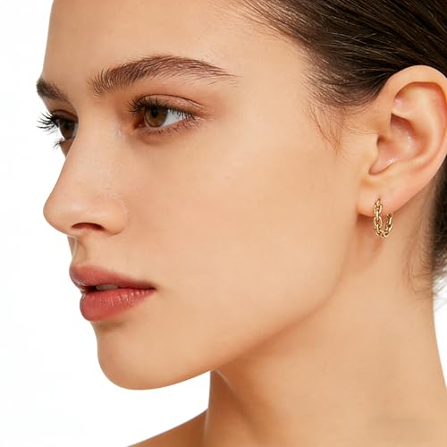 Dremmy Studios Dainty CZ Huggie Hoop Earrings 14K Gold Plated Chunky Simple Cute Thick Round Frill Bead Ball Starburst Cuff Earrings Cubic Zirconia Hoop Earrings Minimalist Personalized Gift for Her - color: Chain B