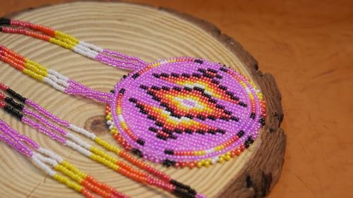 Handmade Native American Style Tribal ethnic Seed Bead Beaded Layered Medallion Necklace - color: Pink Geometric