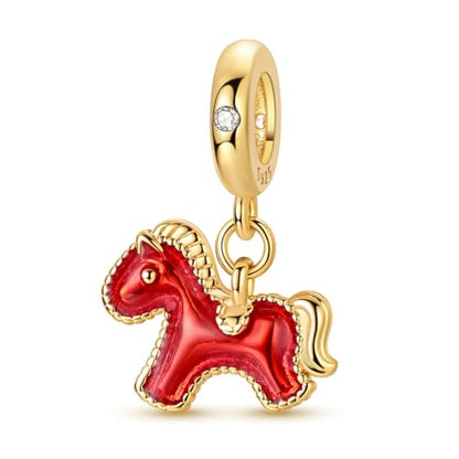Hapour 925 Sterling Silver Charm for Bracelet Necklace Women Pendant Beads | Virgin Mary Charm, Religious Cross Heart Dragon European Jewelry Mom Charm - color: Golden Red Pony