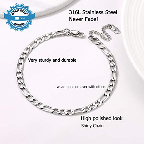 PROSTEEL Ankle Bracelets for Women, Silver/Gold/Black, Waterproof Anklets | Waterproof, Stainless Steel, Summer Beach Jewelry, Durable & No Tarnish, Come with Gift Box, 8-10.5" Adjustable, Plus Size - color: D: silver-figaro chain-6mm