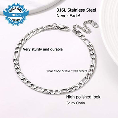 PROSTEEL Ankle Bracelets for Women, Silver/Gold/Black, Waterproof Anklets | Waterproof, Stainless Steel, Summer Beach Jewelry, Durable & No Tarnish, Come with Gift Box, 8-10.5" Adjustable, Plus Size - color: D: silver-figaro chain-6mm