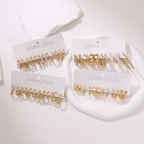 14K Gold Plated Geometric Hoop Earrings for Women Chunky Hypoallergenic Thick Lightweight Jewelry - color: Gold-24 Pairs-B