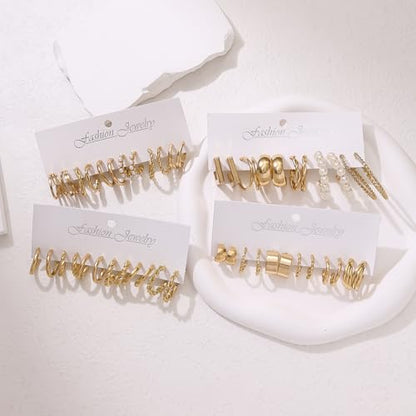 14K Gold Plated Geometric Hoop Earrings for Women Chunky Hypoallergenic Thick Lightweight Jewelry - color: Gold-24 Pairs-B