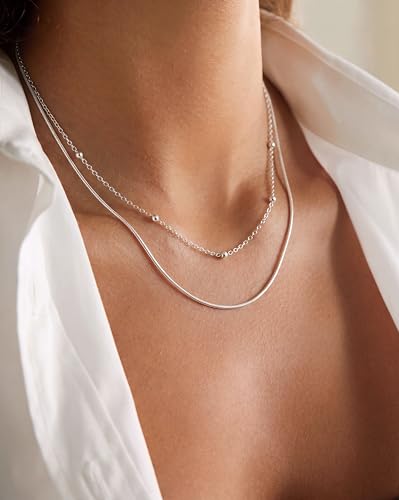 Tewiky Layered Necklaces for Women 14k Gold Plated Chain Necklace Set | Chunky Herringbone/Snake/Rope/Box/Cuban Link Chain for Women, Layering Stack Choker Necklace, Dainty Jewelry Set Non Tarnish - color: Layered Bead Silver