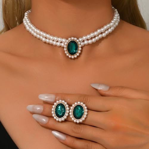 CSIYANJRY99 Pearl Necklace and Earring Set Faux Pearl Jewelry Sets for Women Imitation Beaded Pearl Necklace Bracelet Stud Earrings for Women - color: Green Zircon Pearl Set