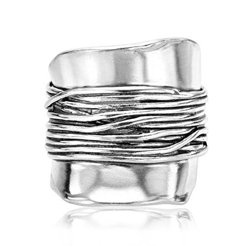 JEAN RACHEL JEWELRY 925 Sterling Silver Ring - Wide Shield Ring with Wire Wrap Center Vintage Design - Hypoallergenic, Lead & Nickel Free Jewelry - Artisan Handcrafted Statement Rings for Women