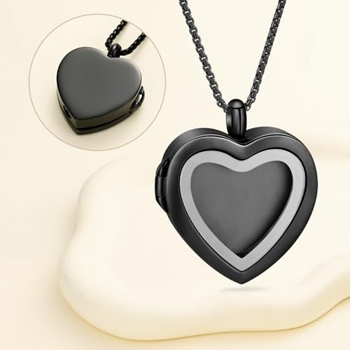Oinsi Cremation Locket Necklace For Ashes Of Loved One Carry Photo Glass Memorial Urn Jewelry 316L Stainless Steel Keepsake Gifts - color: B-Black