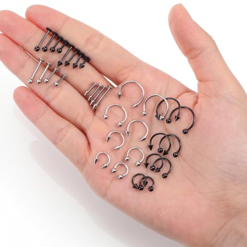 Lusofie 64PCS Lip Rings Labret Jewelry 16G Stainless Steel Helix Earring Daith Tragus Cartilage Studs Horseshoe Snake Bite Lip Piercing Jewelry for Women Men