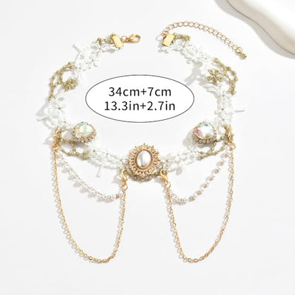 Gothic Lace Choker Necklace for Women, Pearl Sexy Tassel Adjustable Choker Necklace, Boho Halloween Jewelry for Festival Party Cosplay Costume Gifts - color: white Gold Pearl CZ