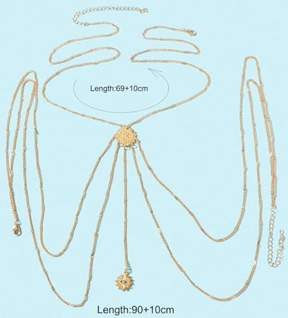 Gold Plated Body Chain for Women, Layered Bikini Waist Chain | Sexy Rhinestone Body Jewelry, Chest Belly Chain, Adjustable Fit, Crossover Design, Summer Beach Parties and Vacations - color: Gold11