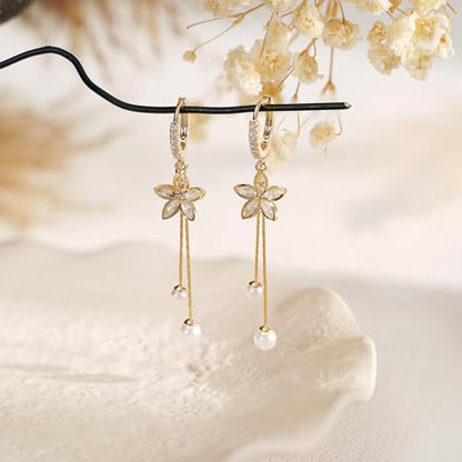 14K Gold Plated CZ Flower Dangle Earrings for Women, Sparkly Cubic Zirconia Long Tassel Drop Earrings, Bridal Wedding Jewelry - color: B:Flower Pearl Earrings
