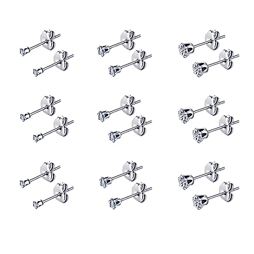 FOSIR 10 Pairs Tiny Womens Surgical Stainless Steel Clear Cubic Zirconia Stud Earrings, Hypoallergenic 316L Earrings Set - style: 2/3/4mm-9 pair