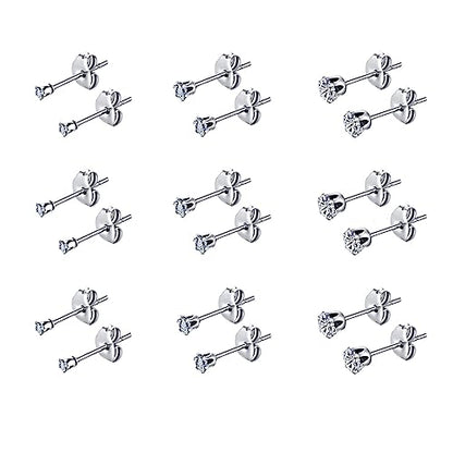 FOSIR 10 Pairs Tiny Womens Surgical Stainless Steel Clear Cubic Zirconia Stud Earrings, Hypoallergenic 316L Earrings Set - style: 2/3/4mm-9 pair