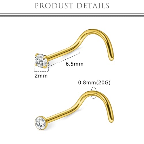 Hoeudjo Nose Studs Surgical Steel Cubic Zirconia Nose Rings Kit for Women Men Tiny Nose Stud Screw & Bone & L Shaped Nostril Piercing Jewelry 24-18 Gauge 20 Pieces Set - color: gold-tone,screw nose studs, size: 20g/2.0mm clear CZ