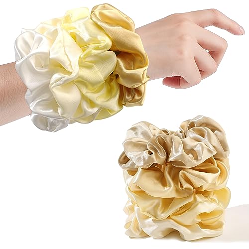 Ivyu Scrunchies for Women's Hair, Satin Hair Ties Bands, 4 Pieces, Big Scrunchies for Thick Curly Hair, Ponytail Holders, Cute Pony Tails, No Crease Hair Ties, No Damage - color: Yellow