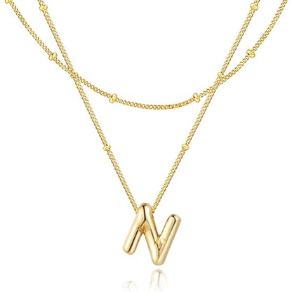 Bubble Letter Necklace for Women, 14k Gold Plated Initial Letter Pendant Necklace Personalized Jewelry A - Z 26 letters - style: Gold-N