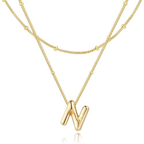 Bubble Letter Necklace for Women, 14k Gold Plated Initial Letter Pendant Necklace Personalized Jewelry A - Z 26 letters - style: Gold-N