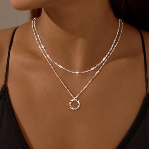 OGD Layered CZ Rondelle Pendant Necklaces for Women, 14K Gold Plated Trendy Mariner Chain Dainty Circle Rondelle Pendant Choker Necklace for Women Two-Toned Cubic Zirconia Gold Necklace - color: 3PCS-Circle-Silver